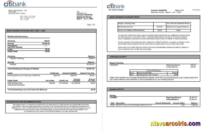 USA Citibank bank statement, Word and PDF, 6 pages